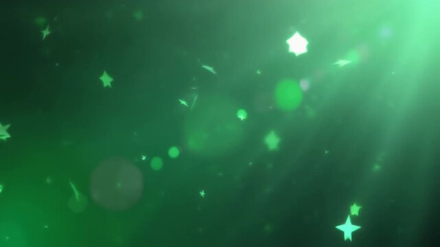 Green background with scattered stars and bokeh lights, illuminated by a beam of light from the top right corner, creating a festive and magical atmosphere.