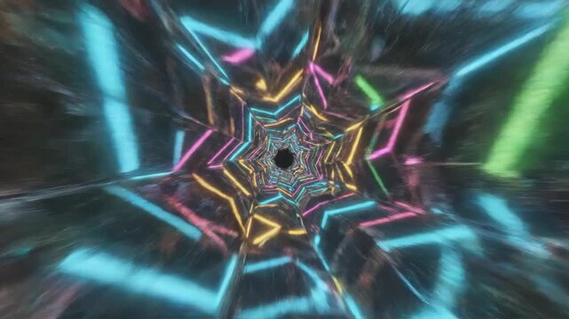 A dynamic video showcasing a vibrant neon glowing tunnel with colorful light streaks and energetic visual effects, creating a futuristic and immersive experience.
