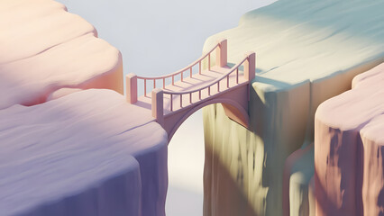 Miniature stone bridge connecting two canyon cliffs in soft pastel lighting
