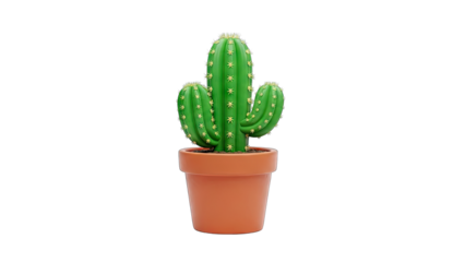 Vibrant Green Saguaro Cactus With Yellow Spines in a Terracotta Pot Isolated on Transparent Background for Digital Design