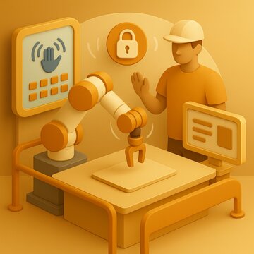 A clean 3D scene depicting cobots and human workers sharing a safe workspace. Layered safety barriers, gesture-control panels, and soft lighting emphasize cooperation, ergonomic workflow design