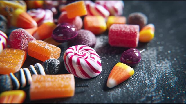 A vibrant assortment of colorful candies, including gummy bears, candy corn, and swirled lollipops, scattered on a dark surface dusted with sugar.