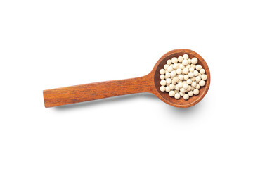 wooden spoon on white background, Dried white pepper seeds in brown wooden spoon isolated on white background top view clipping path