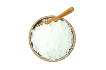 Fleur de Sel or Flower of Salt or Sea Salt Flower and a spoon in wooden bowl isolated on white background top view stack clipping path.