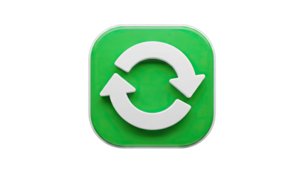 Vibrant Green Square Icon with White Circular Arrows Symbolizing Refresh and Rotation on a Transparent Background
