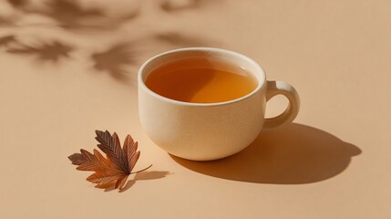 Minimalist cup of maple tea on warm beige backdrop, tiny leaf accent and breathing room