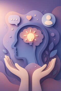 A mental health awareness illustration using layered silhouettes, expressive shapes, and soft gradients. Depth tiers reflect emotional complexity, while illuminated elements symbolize healing.