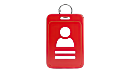 Vibrant Red Identification Card Holder with Silver Keychain Isolated on Transparent Background Featuring a Universal Person Icon and Horizontal Lines Representing Data or Access Levels