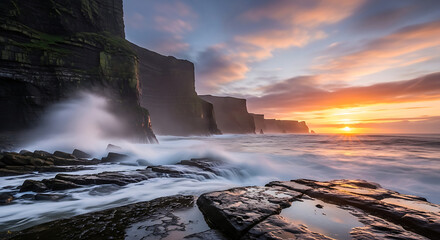 Dramatic sunset over the iconic Cliffs of Moher in Ireland with crashing waves