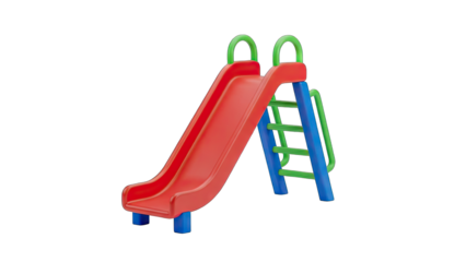 Vibrant Red Plastic Playground Slide With Blue And Green Metal Frame Isolated On Transparent Background Suitable For Childrens Play Areas