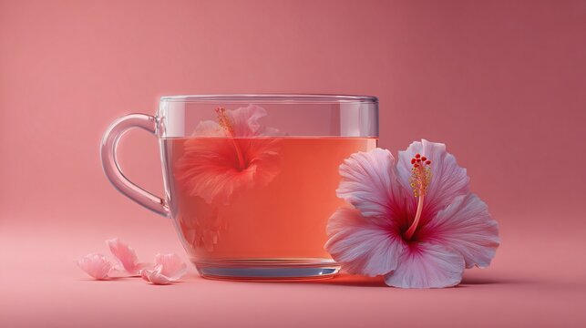 Minimalist hibiscus tea on pastel coral background, single floating petal and airy composition