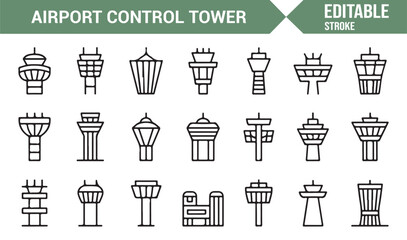 Aviation safety and airport control tower icons for infographic design