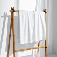 Two white towels hanging on a light brown bamboo rack