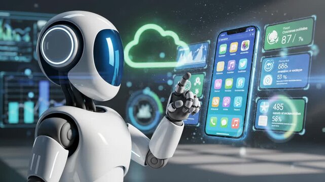 Robot touches smartphone displaying app icons with cloud data. Android uses phone with digital interface. Robot interacts with smartphone apps. Cloud computing shows on robot phone display.
