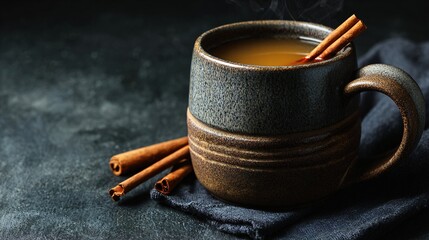 Simple mulled cider in ceramic mug on charcoal background, warm tones with large copy space