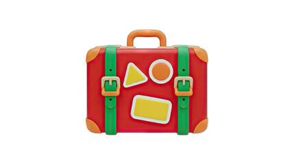 Vibrant Retro Red Travel Suitcase Adorned with Colorful Geometric Stickers and Green Straps Against a Transparent Background Ready for Adventure and Exploration