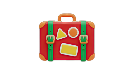 Vibrant Retro Red Travel Suitcase Adorned with Colorful Geometric Stickers and Green Straps Against a Transparent Background Ready for Adventure and Exploration