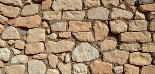 Obraz premium Ancient weathered stone wall, rough texture, varied tones, stone background, aged stone