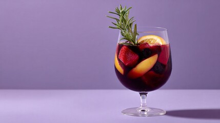 Single glass of holiday sangria on pale lavender background, floating fruit arranged minimally