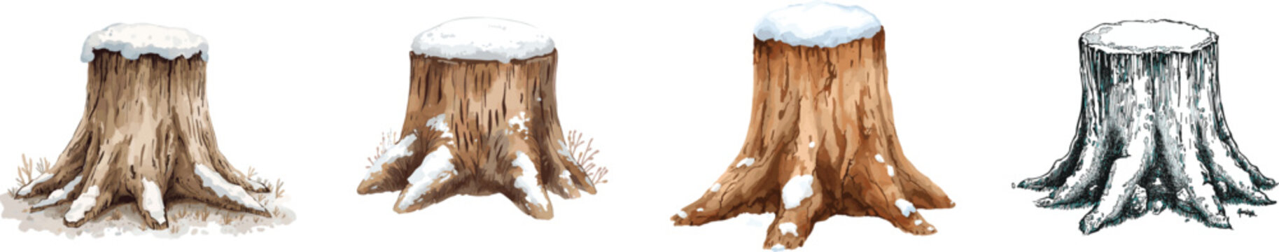 Hand drawn snow covered stump. Watercolor illustration. Perfect for winter forest scenes, woodland designs. Isolated on white. 