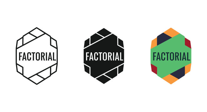Factorial logo design variations on white background