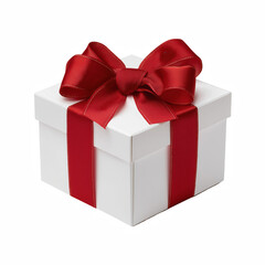 Obraz premium White gift box with elegant red ribbon bow, realistic present packaging mockup isolated on transparent background.