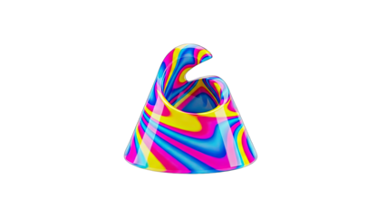 Vibrant Abstract Swirl Cone Shape with Bright Neon Colors Blue Pink Yellow and White Against Black Background with Transparent Background