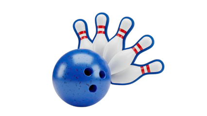 Vibrant Blue Bowling Ball Crashing Into White Pins with Red Stripes Mid-Strike on a Transparent Background Dynamic Sports Action Shot