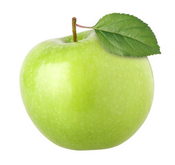 green apple (granny smith apple) with leaves isolated, transparent PNG, PNG format, cut out