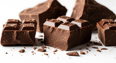 Pieces of rich dark chocolate broken into irregular chunks, some with square indentations, scattered on a white surface