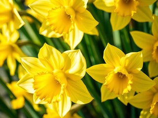 Obraz premium A close-up of a cluster of bright yellow daffodils, their petals catching the light, bright, spring