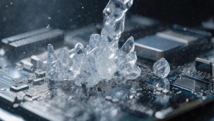 Water Splashing on Electronic Circuit Board - Cooling Technology Concept.