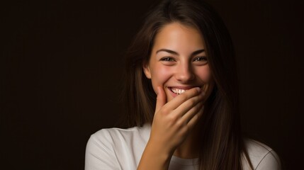 A woman with long hair is smiling and laughing