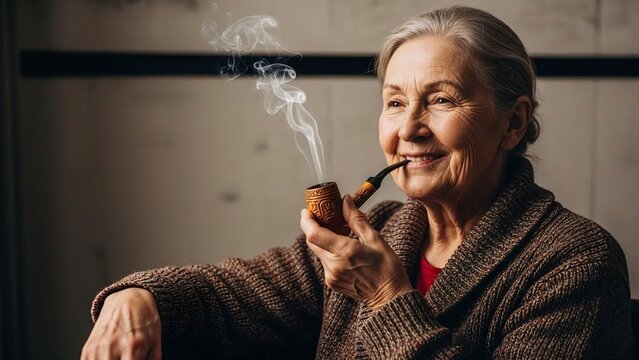 Elderly woman sitting and smoking a pipe indoors with a calm expression  