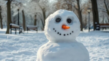 Snowman in a Winter Park - A Cheerful Snowy Scene.