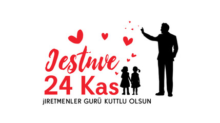 A typographic badge design marking Turkish Teachers&rsquo; Day on November 24, featuring elements of the Turkish flag and silhouettes of Mustafa Kemal Ataturk with students