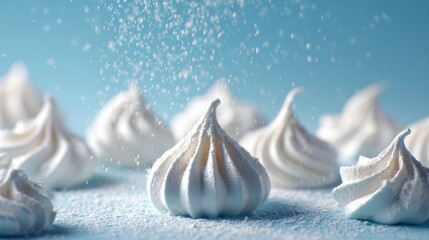 Clean composition of white meringue kisses arranged in a snowy scattering on matte sky-blue