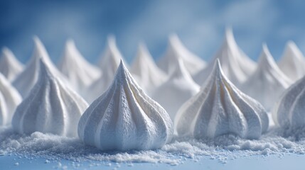 Clean composition of white meringue kisses arranged in a snowy scattering on matte sky-blue