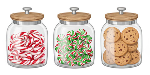 Realistic Christmas Candy Jars, Glass Jars with Candy Canes Cookies and Wrapped Sweets, Semi-Realistic Vector Illustration