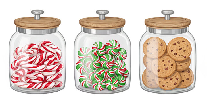 Realistic Christmas Candy Jars, Glass Jars with Candy Canes Cookies and Wrapped Sweets, Semi-Realistic Vector Illustration