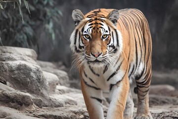 Obraz premium A majestic Bengal tiger walks forward through a rocky landscape.