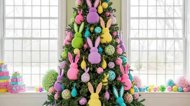 Easter Tree: A festive tree, adorned with colorful easter eggs and vibrant bunny decorations, brings joy. capturing the spirit of spring and the Easter holiday.