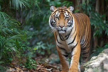 Obraz premium A Bengal tiger walks through lush green foliage and plants.