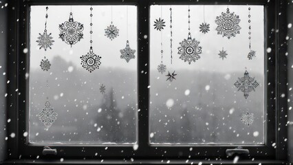 Snowy Window with Hanging Ornaments and Falling Snowflakes.