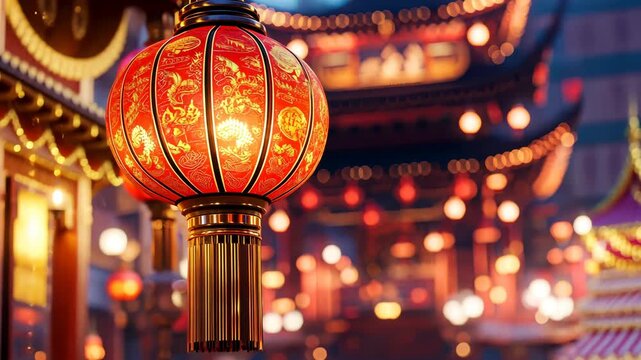 Illuminating Heritage: An illuminated red lantern gracefully hangs in the foreground, casting a warm glow on the ornate architecture and vibrant cityscape of a culturally rich area.
