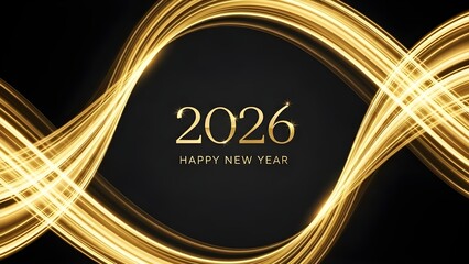 Happy New Year 2026 Golden Swirls and Light Trails on a Dark Background Celebration
