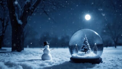 Snowy Winter Night with Snow Globe and Snowman under Full Moon.