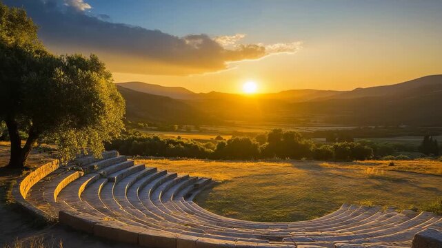 Ancient Theater at Sunset: The sun casts a warm golden hue over an ancient stone theater nestled in a verdant valley, with a backdrop of rolling hills and dramatic skies.