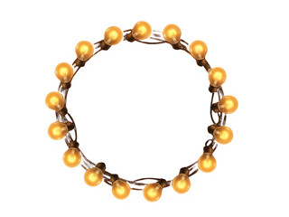 Obraz premium Circular string of warm yellow incandescent bulbs glowing in a festive and decorative arrangement on a plain white background, perfect for holiday illumination or ambient lighting design elements