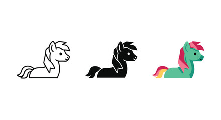 Three cartoon unicorns in different colors and styles